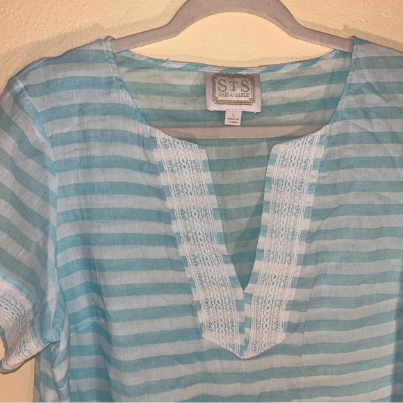 Sail To Sable Shift Tunic Dress Light Blue White Stripe Cotton Classic Lace L - Picture 6 of 12